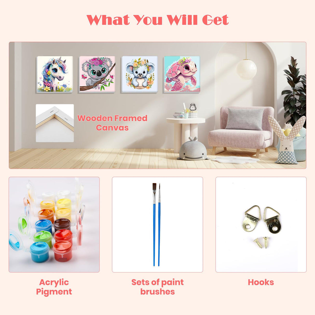 MISCER 4 Pack Animals Paint by Numbers for Kids Adults, Cartoon Paint by Number Kits for Kids, DIY Animals Oil Painting Suitable for Home Decoration (8x8inch) MISCER