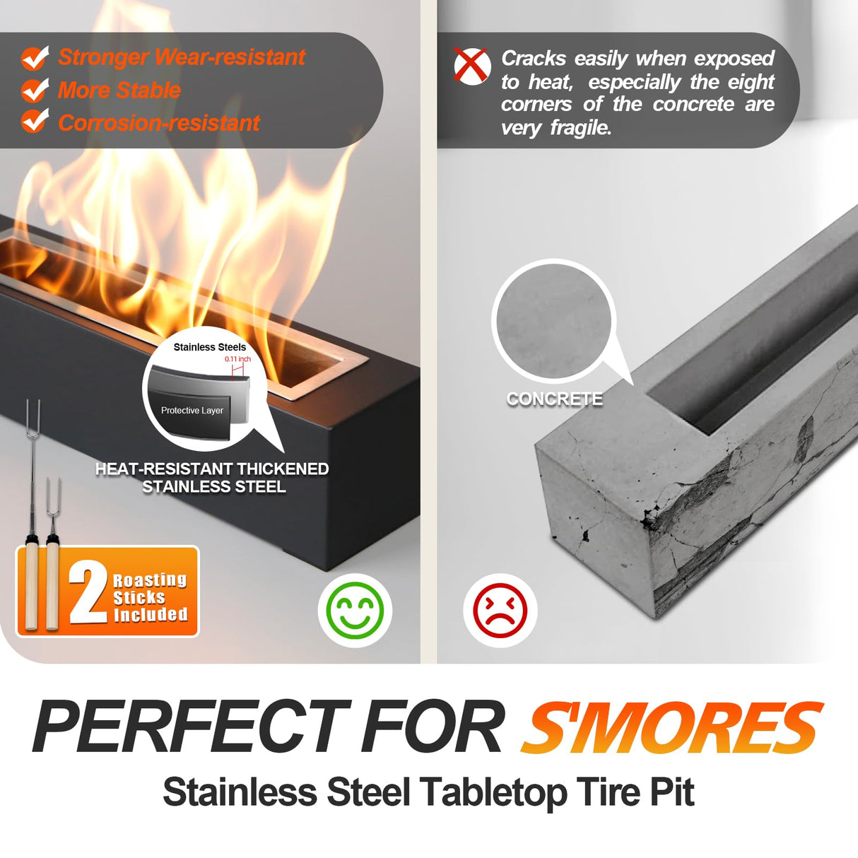 KORNIFUL Tabletop Fire Pit with S’Mores Maker Kit – Large Indoor & Outdoor Portable Fireplace for Patio, Balcony, Holiday Parties, Family Gatherings & Friday Nights – Premium Table Top Firepit KORNIFUL