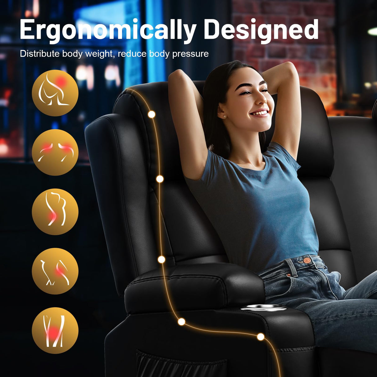 Loveseat Recliner Sofa, Home Theater Seating Massage Reclining Couch with USB, Center Console, Wall Hugger RV Recliners, 145° Adjustable Recline & Cup Holders & Side Pockets,for RV & Movie Room TOMOSLTER