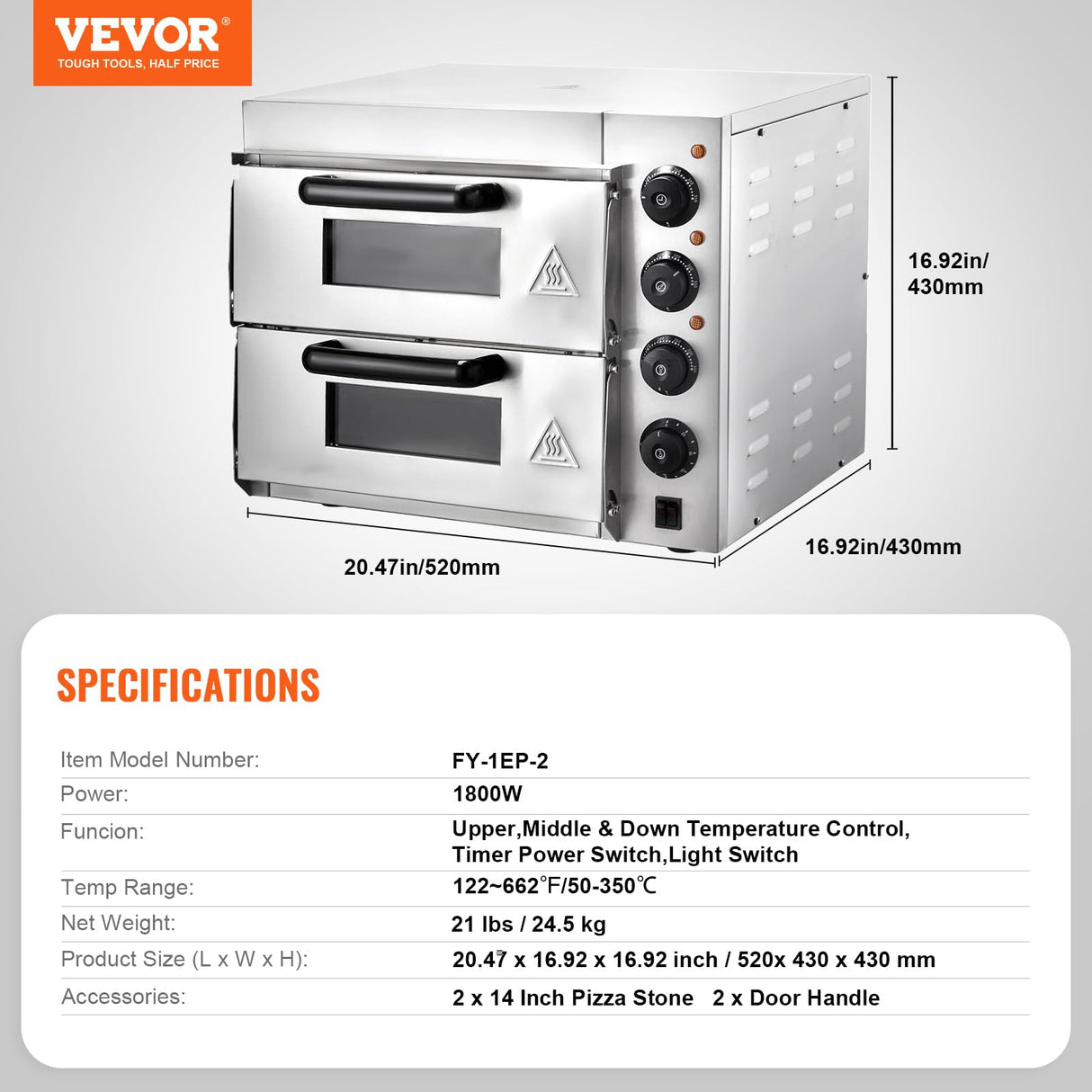 VEVOR Commercial Pizza Oven Countertop, 14" Double Deck Layer, Stainless Steel Electric Pizza Oven with Stone and Handle, Multipurpose Indoor Pizza Maker for Restaurant Home Pretzels Baked VEVOR