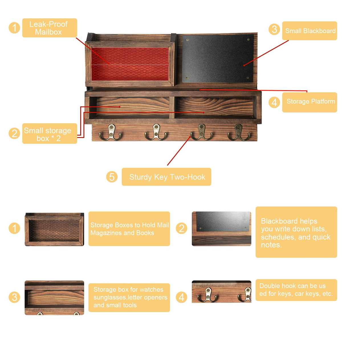 Key Holder for Wall, Mail Organizer Wall Mount with Key Hooks and Wallet Holder, Sunglasses Storage and Dog Leash Holder, Wall Decorative with 4 Double Hooks and Chalkboard WEWEOW