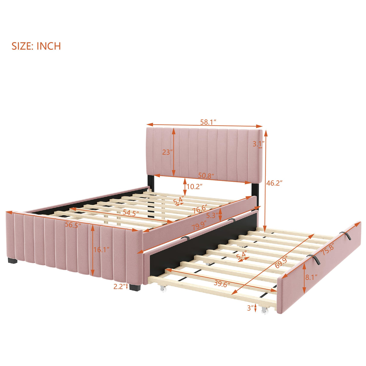 Full Bed Frame with Trundle Bed,Velvet Upholstered Platform Bed Frame,Full Size Trundle Bed with Headboard for Kids Teens Adults(Pink) Bellemave