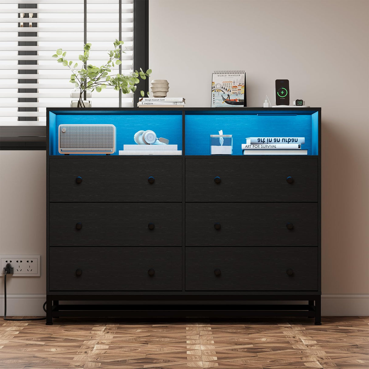 Black Dresser for Bedroom, Wooden Modern 6 Drawers Wide Dresser with Charging Station and Led Lights Design, Large Capacity Storage Chest of Drawers Garveehome