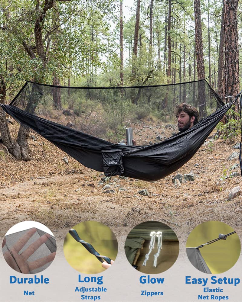 Sunyear Hammock Camping with Rain Fly Tarp and Net, Portable Camping Hammock Double Tree Hammock Outdoor Indoor Backpacking Travel & Survival, 2 Tree Straps,100% Waterproof Black Bundle Sunyear