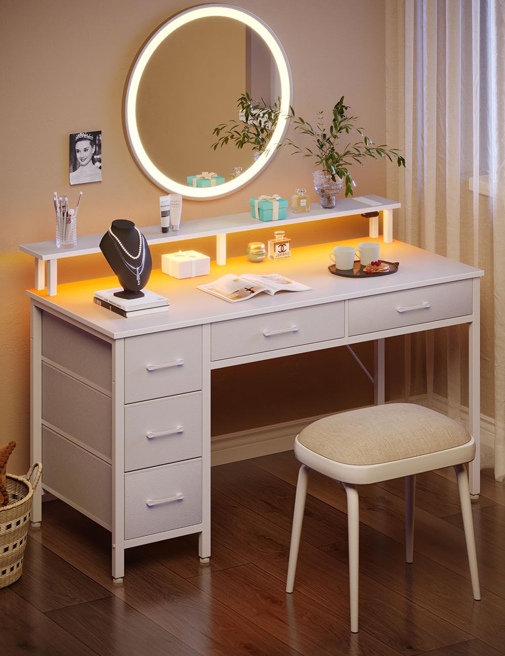 Seventable Computer Desk with Power Outlets & LED Light, 47 inch Home Office Desk with 5 Drawers, Writing Desk with Monitor Stand, Work Desk for Home Office, White Seventable