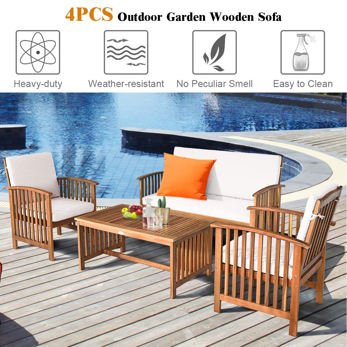 Tangkula Outdoor 8 Pcs Acacia Wood Sofa Set w/Water Resistant Cushions, Padded Patio Seating Chat Set w/Coffee Table for Garden, Backyard, Poolside (2, White) Tangkula