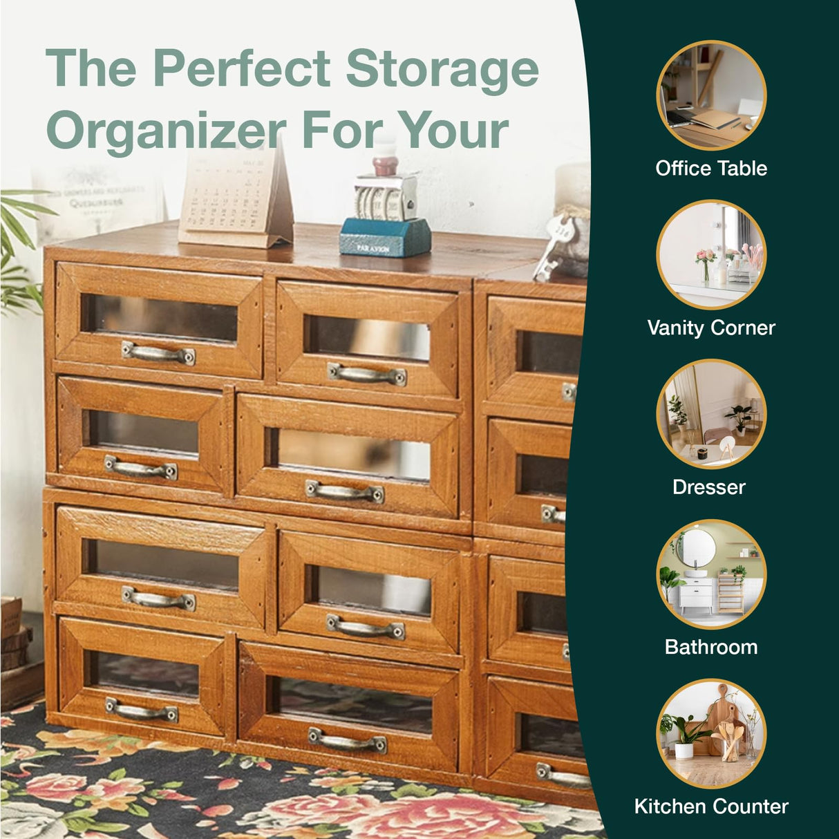 Set of 4 Store and Display Wooden Desktop Organizing Cabinets - Mahogany Wood Display Chest with 4 See-through Drawers Each - 16-Drawer Storage for Work Table, Vanity, Dresser or Kitchen Counter Woodaholic