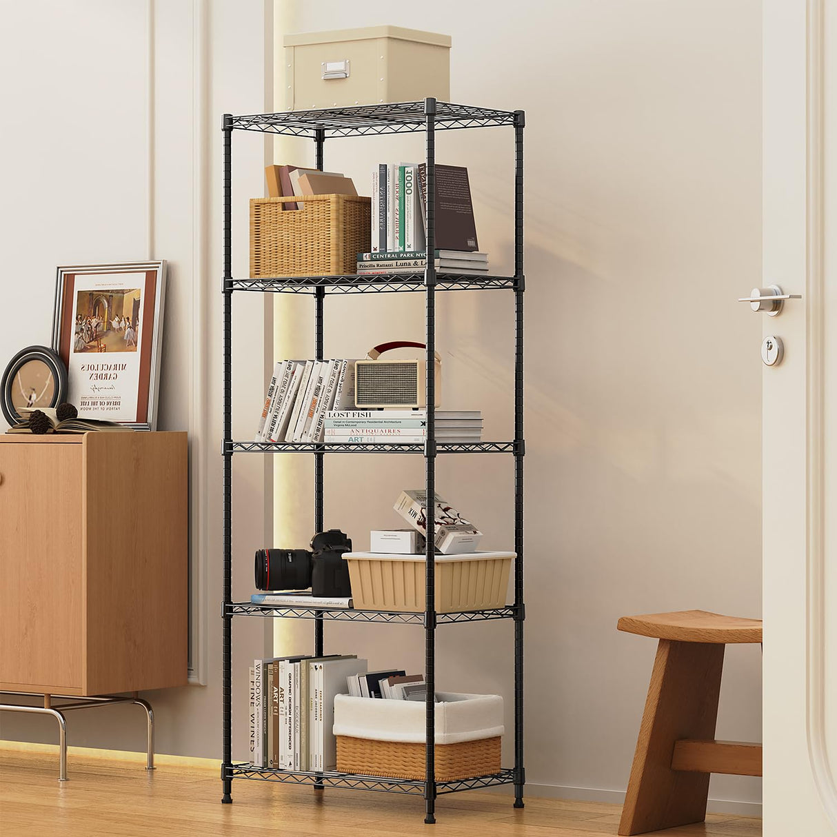 M MZG 1250 lbs 5 Tier Shelf Metal Storage Shelves Wire Rack Closet Organizers with Wheel for Garage Kitchen Bathroom Laundry Black 13.7" D x 23.6" W x 62.4" H M MZG