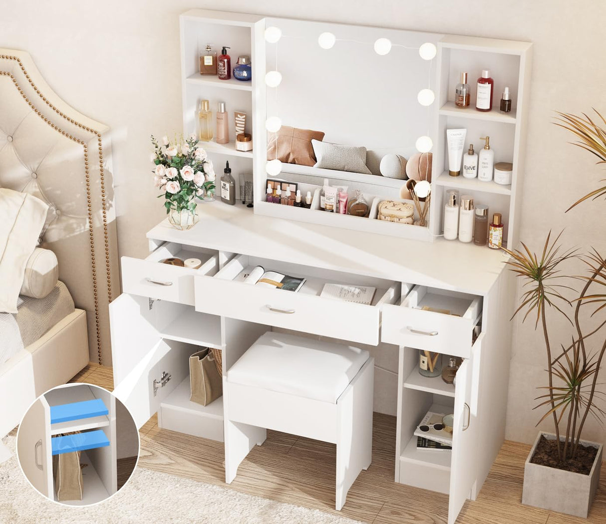Vabches Vanity with Lighted Mirror, Large Vanity Desk Makeup Vanity Table Set with Comfortable Bench and Side Cabinets, Lots Storage, 45.2inch, White Vabches