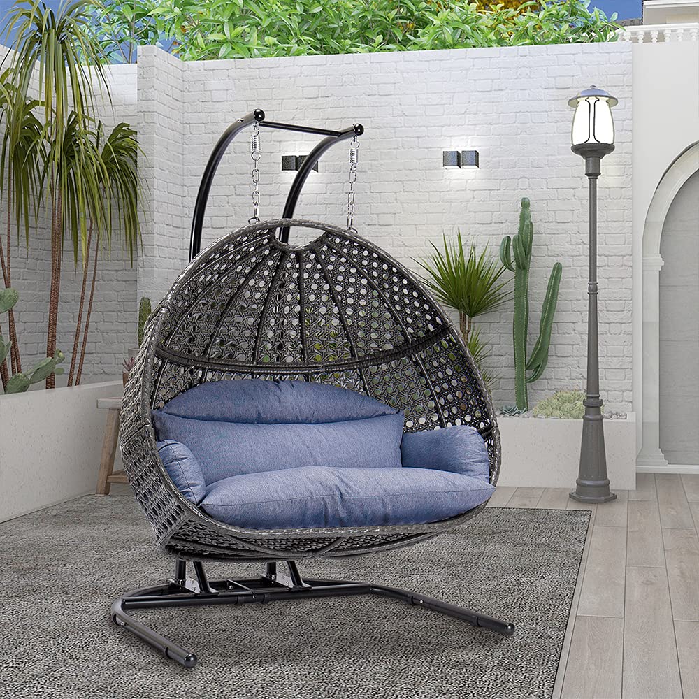 Double Egg Chair with Stand, 2 Person Heavy Duty Hanging Wicker Rattan Swinging Chair Hammock Nest Chair for Indoor Outdoor Patio Lounger Swinging Loveseat Perfect for Balcony Garden - Dust Blue Lambgier