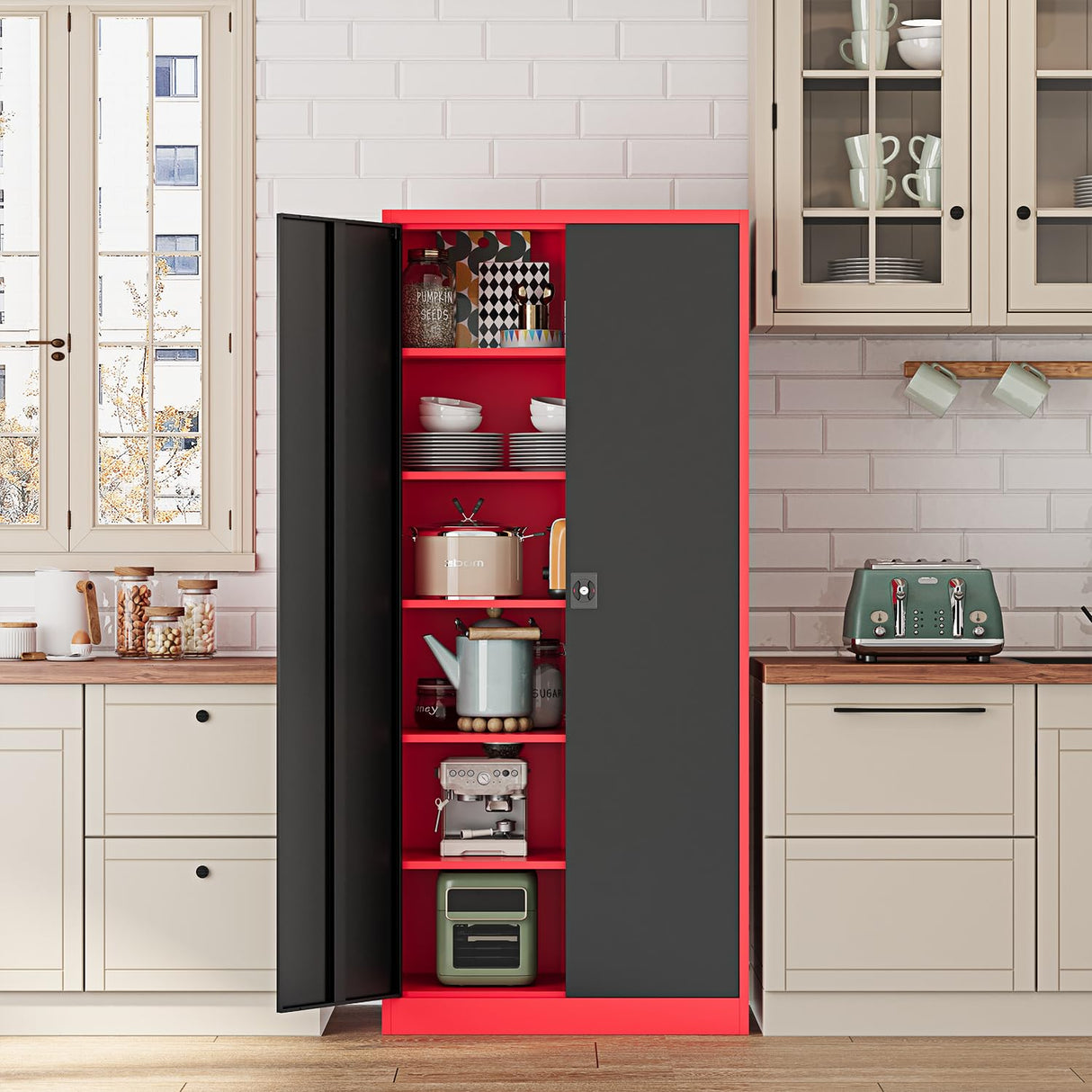 Fesbos Metal Storage Cabinet-72” Tall Steel File Cabinets with Lockable Doors and Adjustable Shelves-Black&Red Steel Storage Cabinet for Kitchen, Office, Garage Fesbos