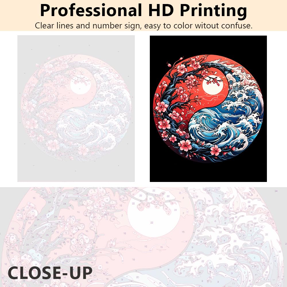 Yin and Yang Paint by Numbers Kit for Adults, Yin-Yang Waves and Cherry Blossoms DIY Paint by Numbers, Oriental Zen Art Paint by Numbers Kit for Adults Canvas Acrylic Painting 16x20 Inch Frameless Rebotipy