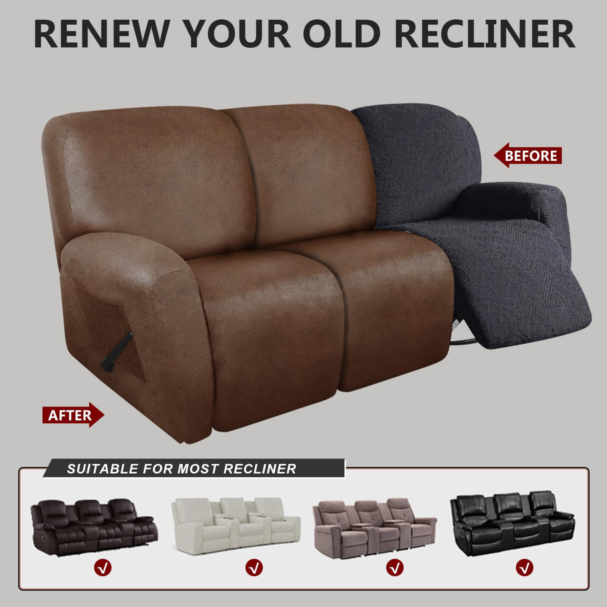 molasofa Recliner Sofa Covers - Leather Like Recliner Sofa 3 Seater Recliner Couch Covers for 3 Cushion Couch 8 Pieces Washable Stretch Reclining Sofa Slipcovers (Brown) molasofa