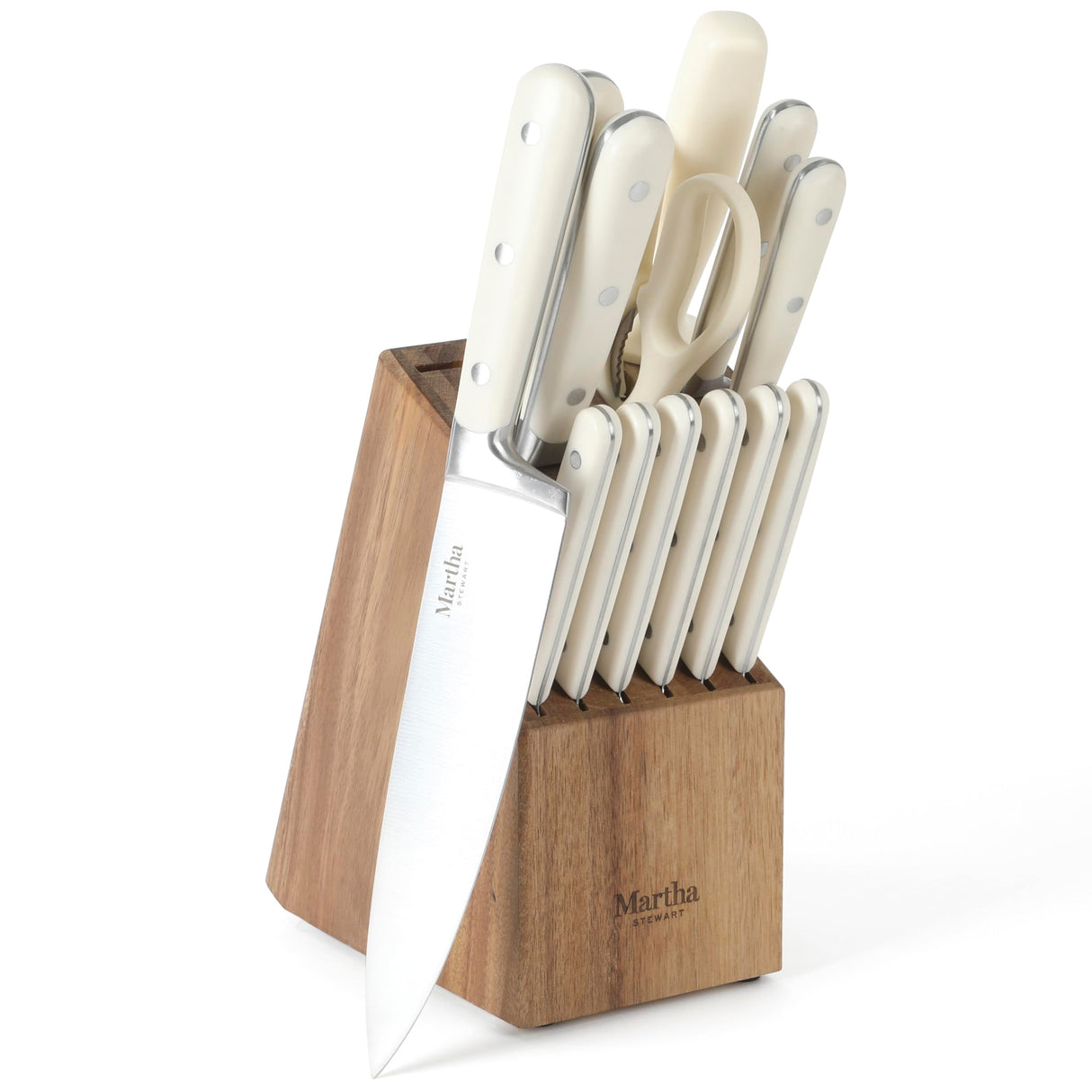 MARTHA STEWART Eastwalk 14 Piece High Carbon Stainless Steel Cutlery Kitchen Knife Block Set w/ABS Triple Riveted Forged Handle Acacia Wood Block - Linen White Martha Stewart