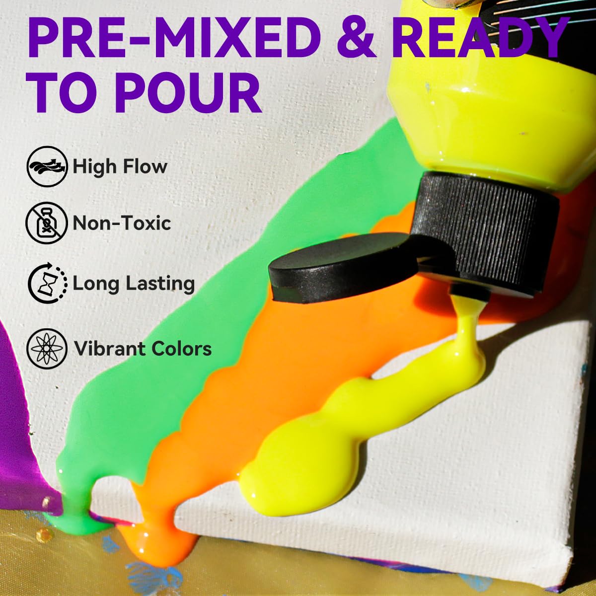 OPHIR Premixed Acrylic Pouring Paint Set, 3.8OZ/Bottle, High Flow Water-Based Pour Paint Supplies for Pouring on Canvas, Wood, Rocks, Light Blue, Fluorescent Pink Yellow Green Orange Purple, 6 Colors OPHIR