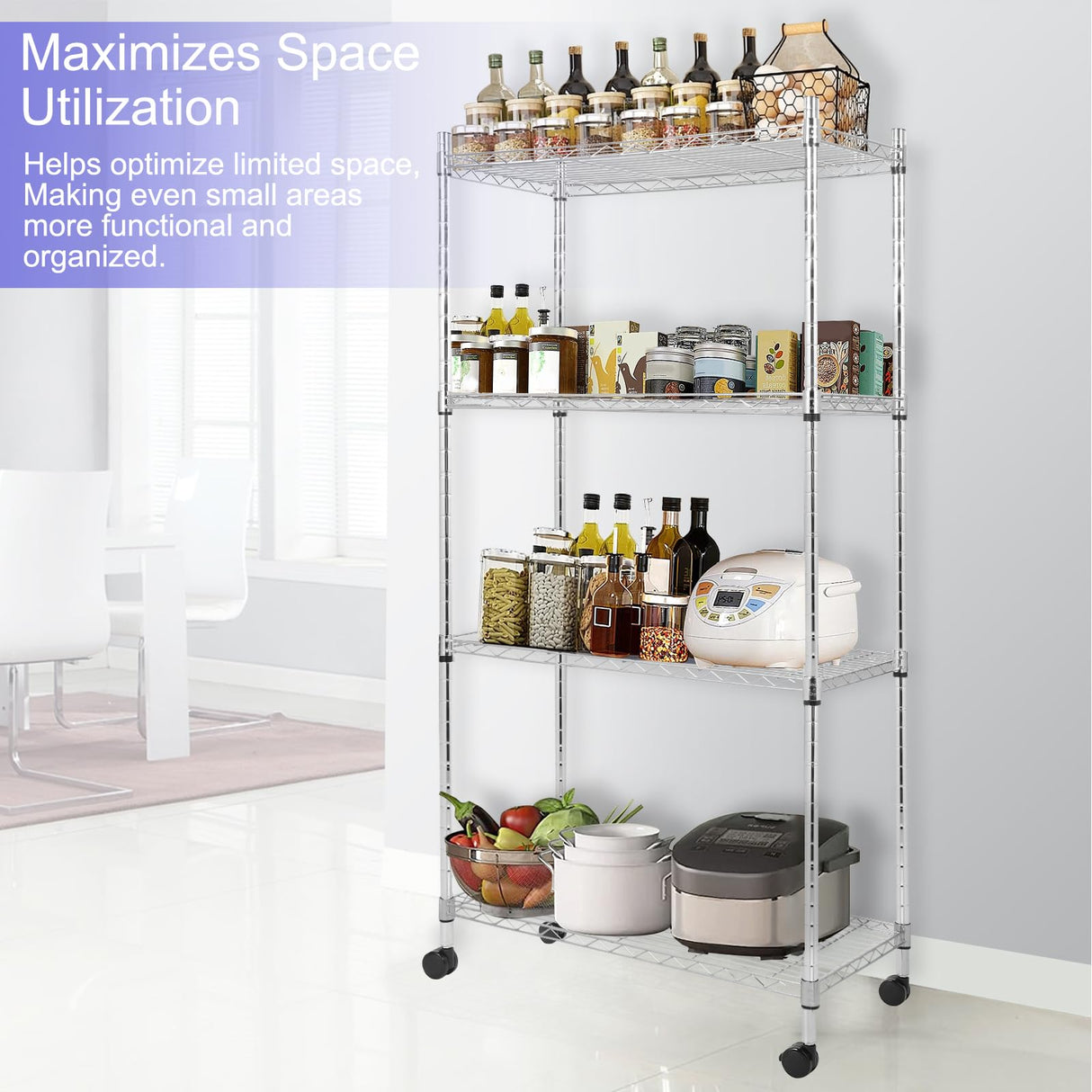 Whitmor 4 Tier Storage Shelves, Heavy Duty with Wheels, Adjustable Steel Organizer Wire Rack, 400 lbs Capacity per Shelf, Max 1600 lbs Total for Garage, Kitchen, Plant, 36" L x 14" W x 54" H, Chrome Whitmor