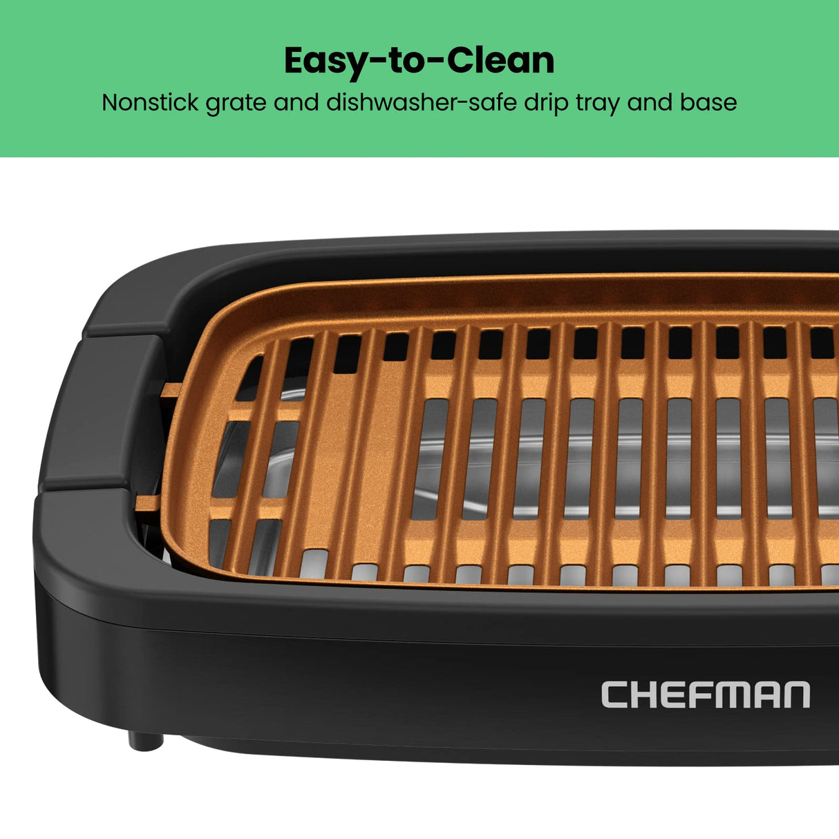 Chefman Smokeless Indoor Electric Grill, Copper, Extra Large, Nonstick Table Top Grill for Indoor Grilling and BBQ with Adjustable Temperature Control, Nonstick Dishwasher-Safe Parts, 9" x 15" Chefman
