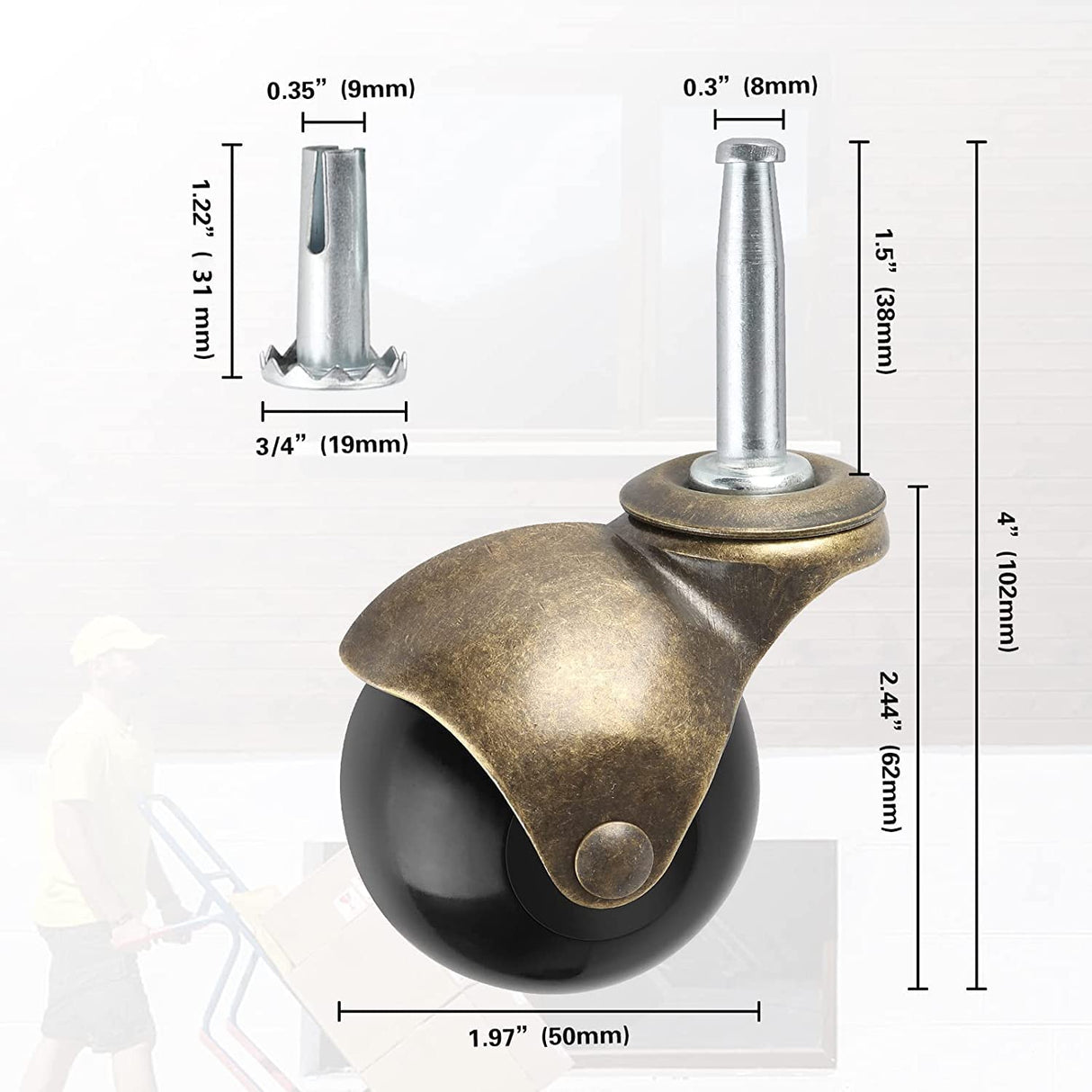 2" Ball Caster Wheels, casters Set of 4 Brass Vintage Antique casters 5/16" x 1 1/2" (8 x 38mm) Wheels Pole with Sleeve for Furniture, Chairs, Cabinets, (casters Set of 4 Heavy Duty) Apllamo