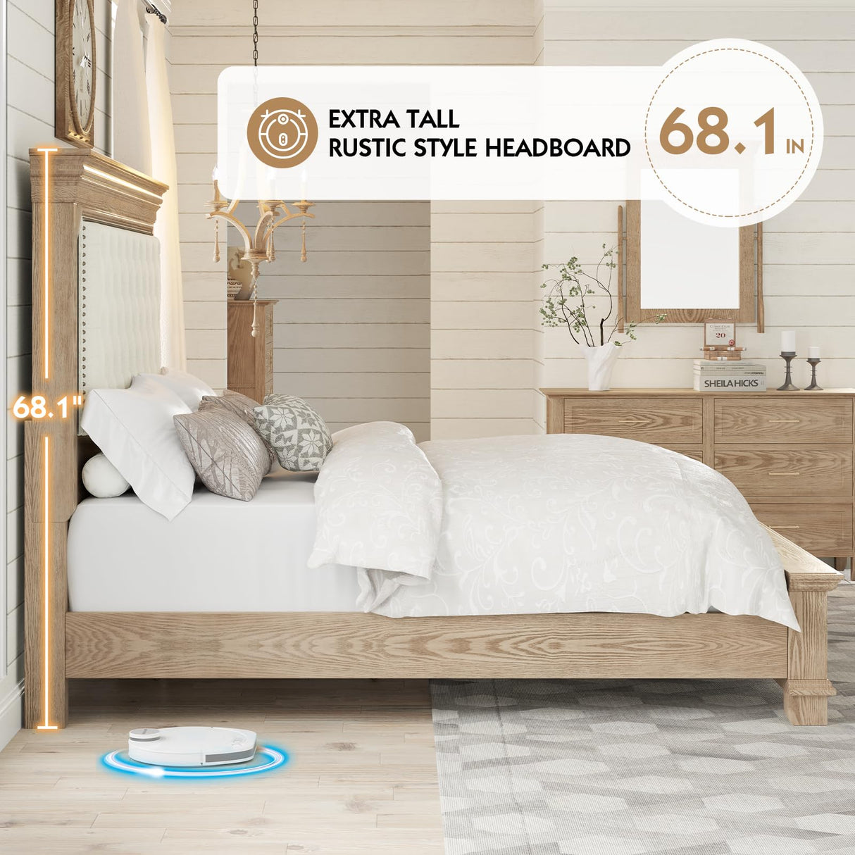 YUMPIE Rustic Solid Wood King Bed Frame with 68" Tall Headboard, Chenille Upholstered Farmhouse Panel Platform Bed Mattress Frame, Button Tufted/Antique Brass Nail Trim/No Box Spring Needed, Milk Ash YUMPIE