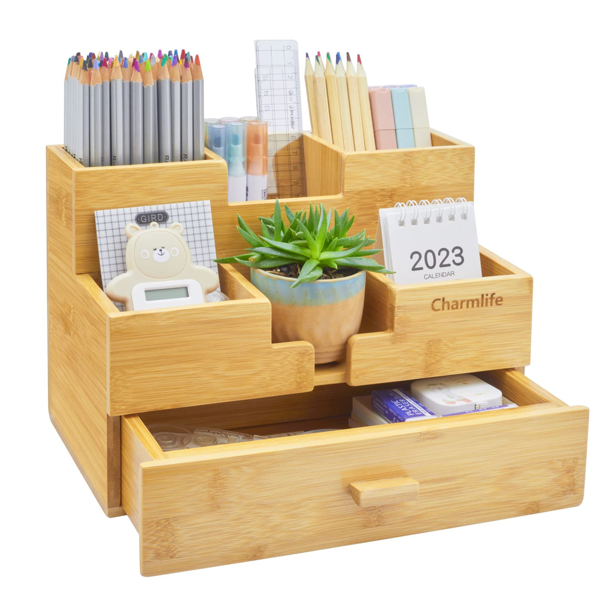 Charmlife Bamboo Desk Organizer - Makeup & Pen Storage with Drawer & Pencil Holder for Office Organization Charmlife