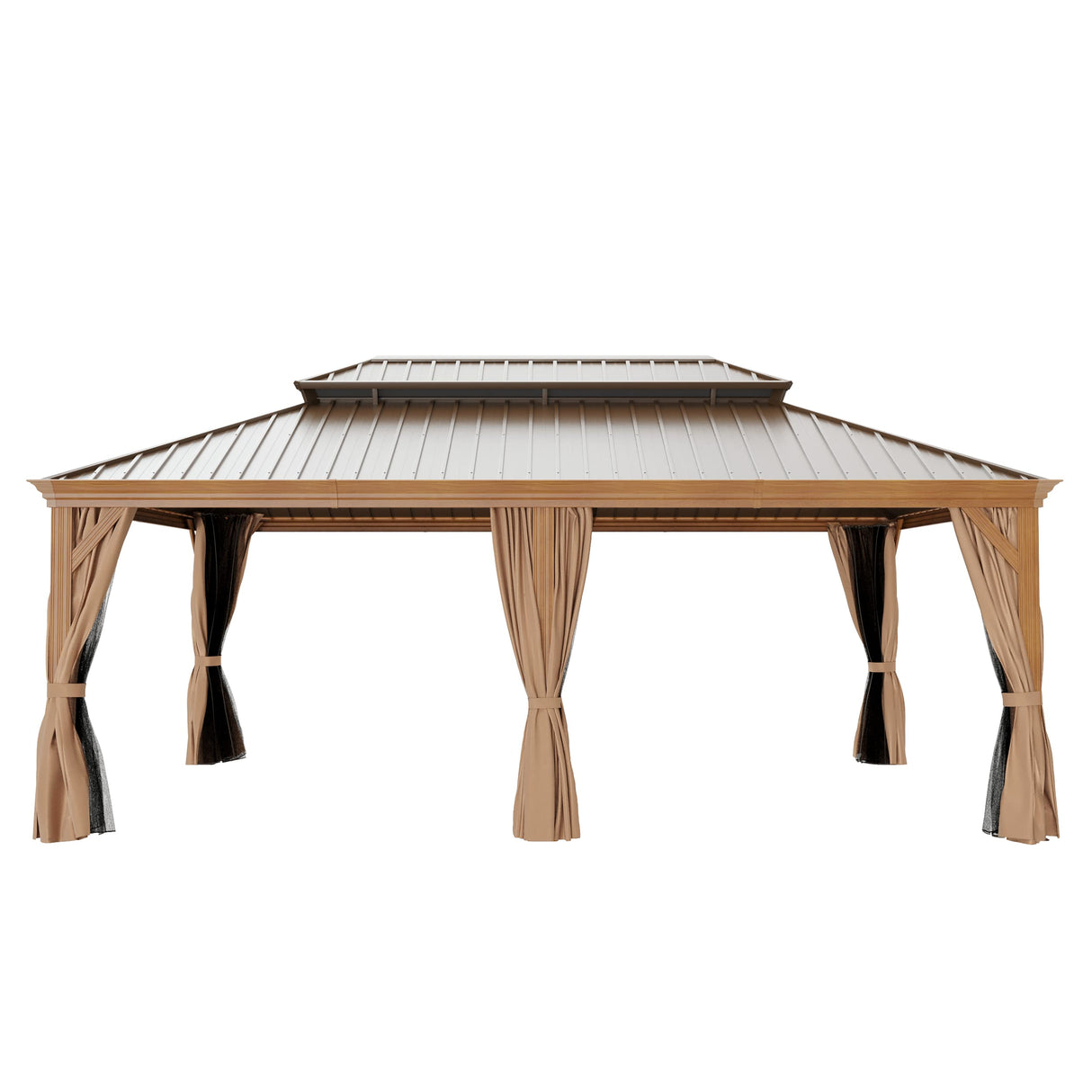 GAZEBEST 12' X 20' Permanent Hardtop Gazebo, Outdoor Galvanized Steel Double Roof Pavilion Pergola Canopy Wood-Looking with Aluminum Frame and Privacy Curtains for Garden,Patio Backyard,Deck and Lawns GAZEBEST