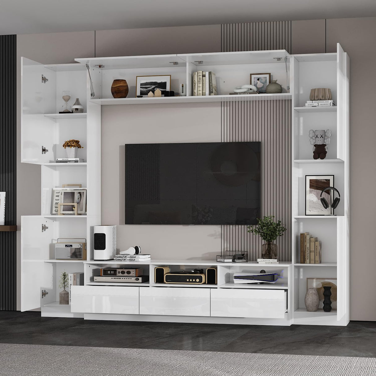 AIEGLE High Gloss Entertainment Center with Storage Bridge, Modern Media Console Table Wall Unit with Cable Management for 70 75 inch TV, TV Stand Set, White, 94.5”W AIEGLE