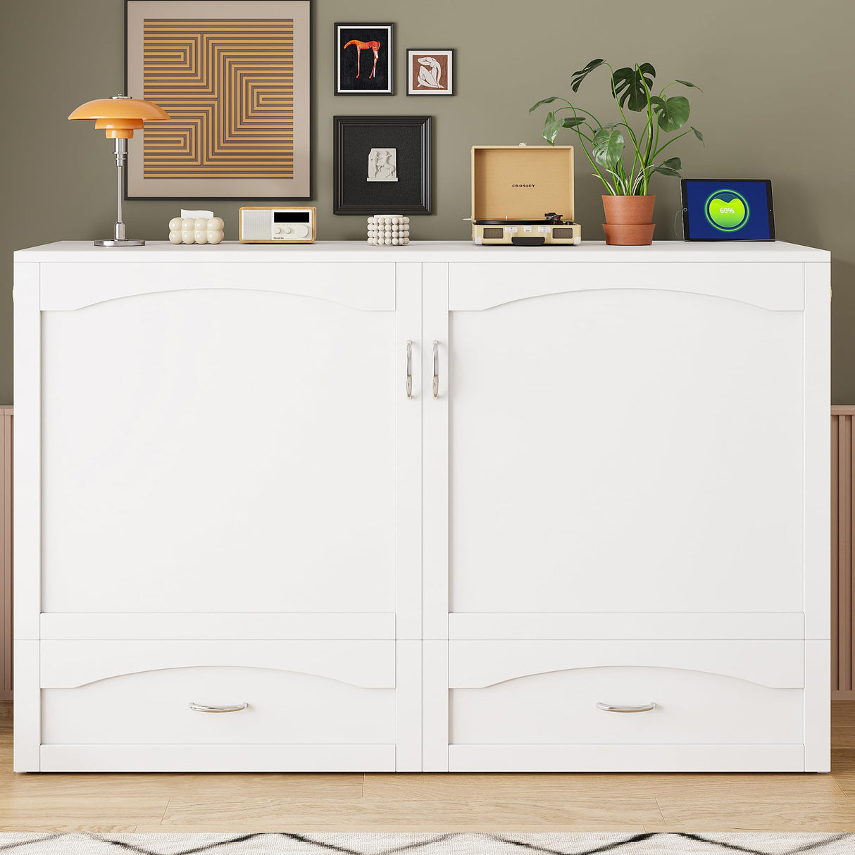 P PURLOVE Queen Murphy Bed, Modern Cabinet Bed with Drawer, A Set of Sockets and USB Ports, Wood Murphy Bed Frame for Adult, Teenager, Pulley Structure Desig (White) P PURLOVE