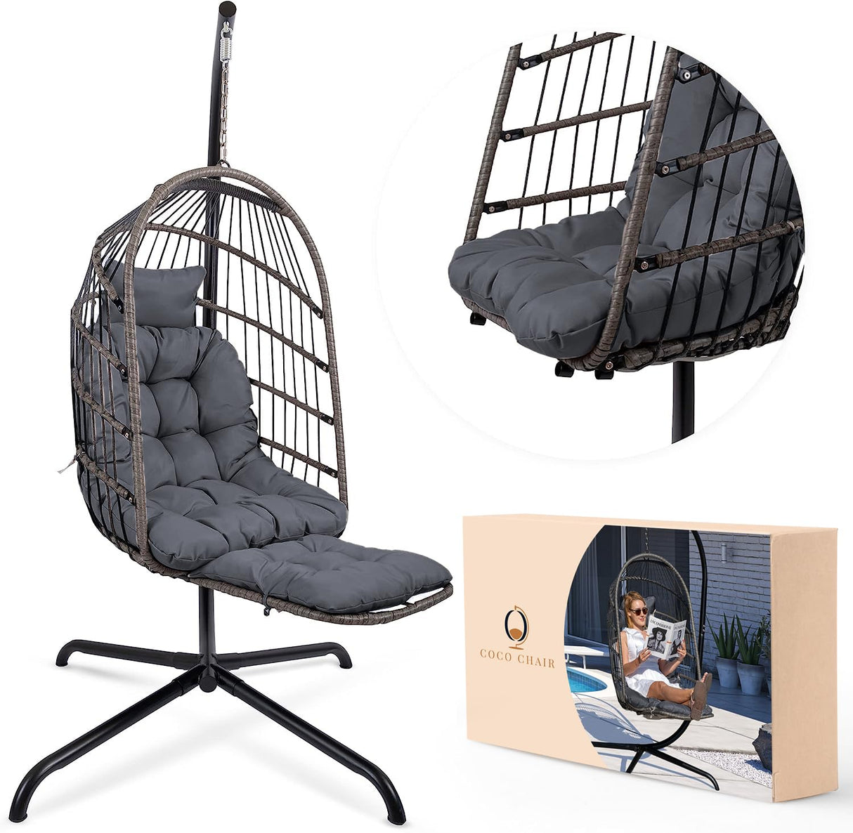 Coco Chair Hanging Egg Chair with Stand & Leg Rest | Modern Outdoor Egg Chair with Pillow | Foldable Swing Chair for Indoor & Outdoor | Dark Gray coco chair