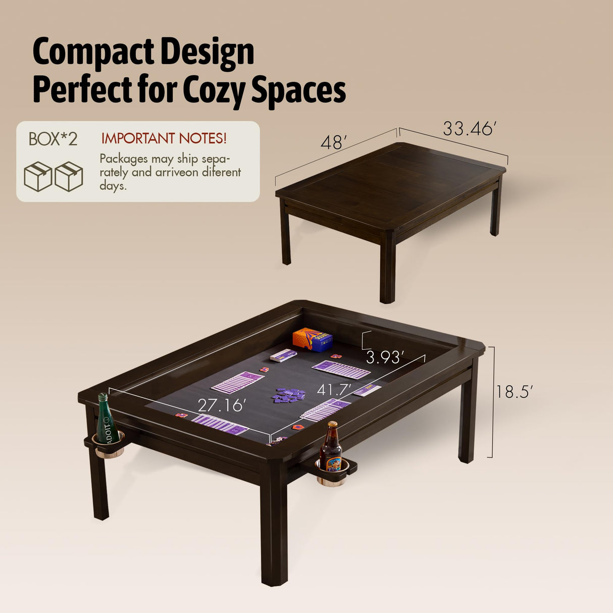 Casaphoria Solid Wood Board Game Coffee Table with Removable Top, Space-Saving 3-in-1 Convertible for Gaming, Dining & Living Room Includes Play Mat & Cup Holders (48” x 33”, Black Walnut) Casaphoria