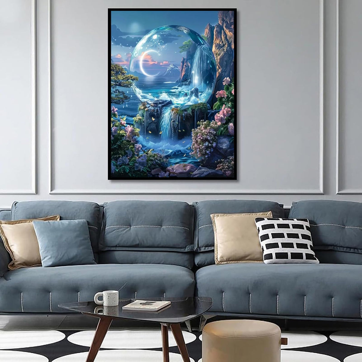 MaiMMaledy Paint by Numbers Kit for Adults Beginners Canvas Pictures with Framed Drawing Painting Acrylic Pigment with Wooden Triangle Easel Waterfall Night View 8Wx12L inch MaiMMaledy