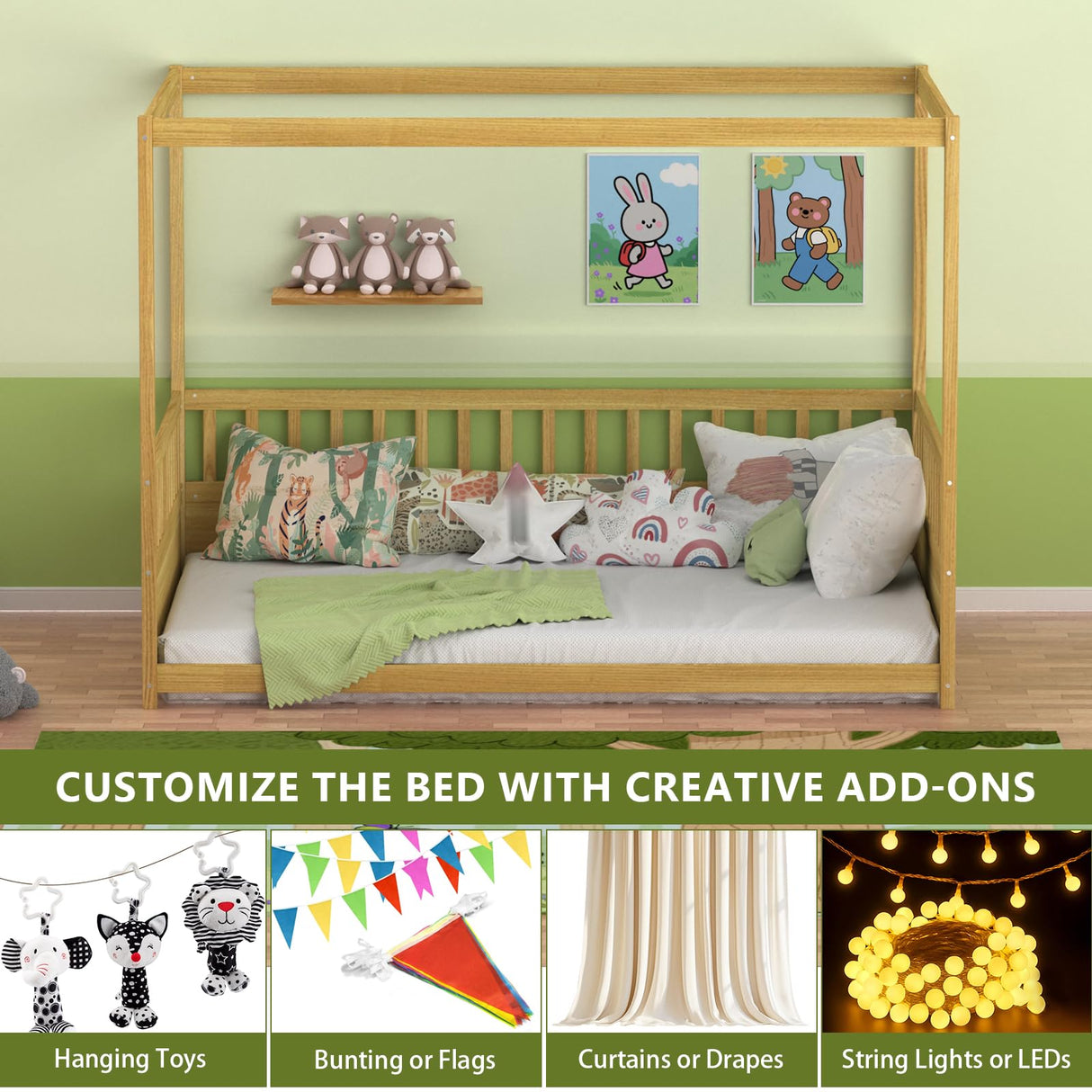 Lyngins Full Size Canopy Bed Frame with Guardrails for Kids, Floor Bed Full with Four Poster Design, Kids Montessori Floor Bed, Wood Canopy Bed Frame for Girls, Boys(Natural) Lyngins