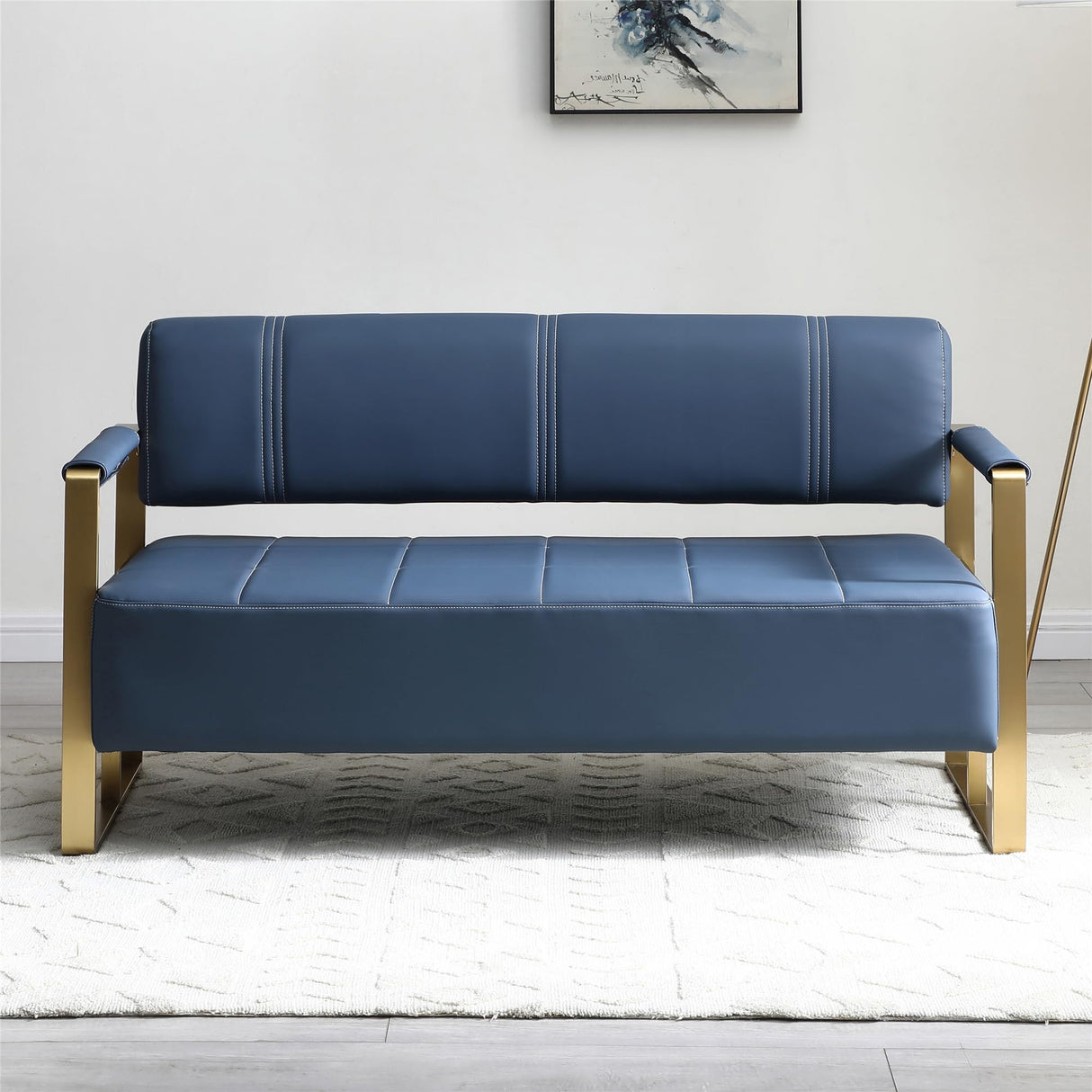 PBOGHLRD 57.9" Modern Leather Loveseat Sofa, Upholstery Faux Bonded Leather Accent Futon Couch with Metal Square Arms for Living Room, Office, Apartment (Navy Blue) PBOGHLRD