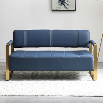 PBOGHLRD 57.9" Modern Leather Loveseat Sofa, Upholstery Faux Bonded Leather Accent Futon Couch with Metal Square Arms for Living Room, Office, Apartment (Navy Blue)