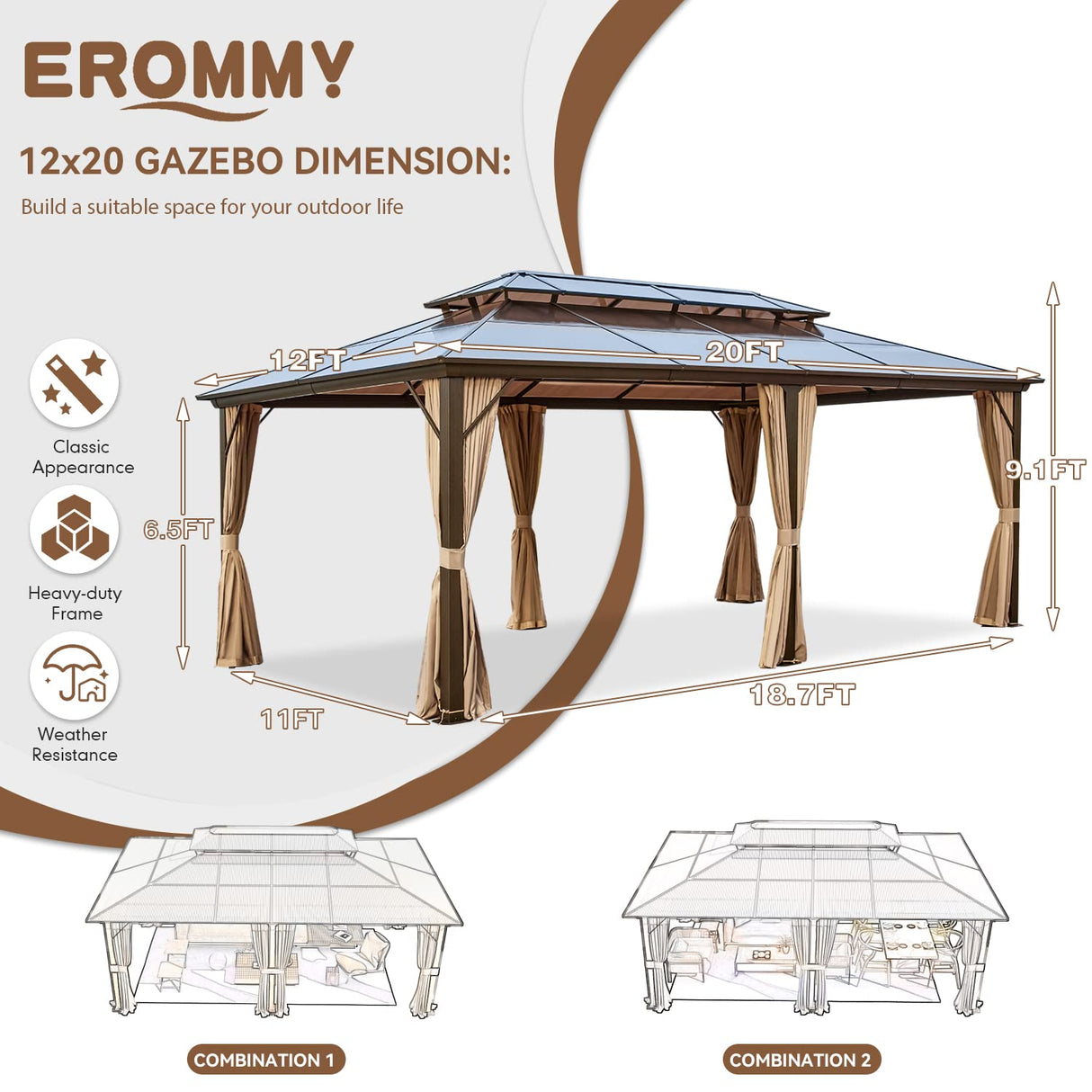 EROMMY 12' x 20' Gazebo Polycarbonate Double Roof Canopy with Aluminum Frame, Outdoor Permanent Metal Pavilion with Netting and Curtains for Garden Patio Lawns EROMMY