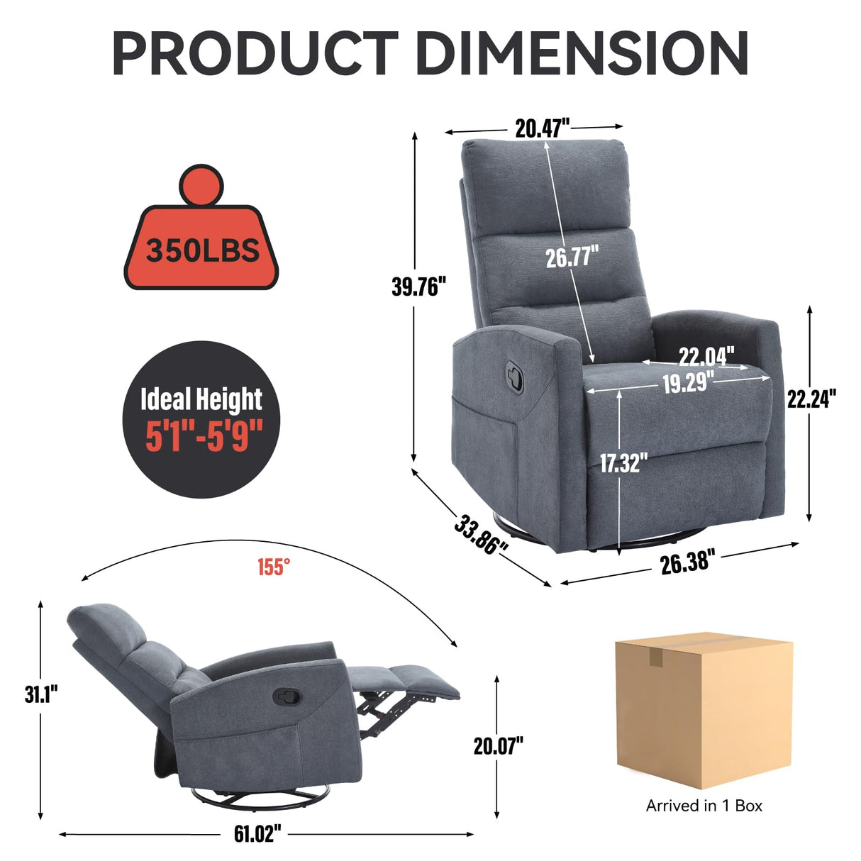 Manual Rocker Swivel Recliner Chair for Adults, 360° Swivel Rocker Recliner Chair, Adjustable Backrest & Footrest for Living Room, Nursery, Home Theater,Small Spaces, 300lb (Grey) Klwenas Maec