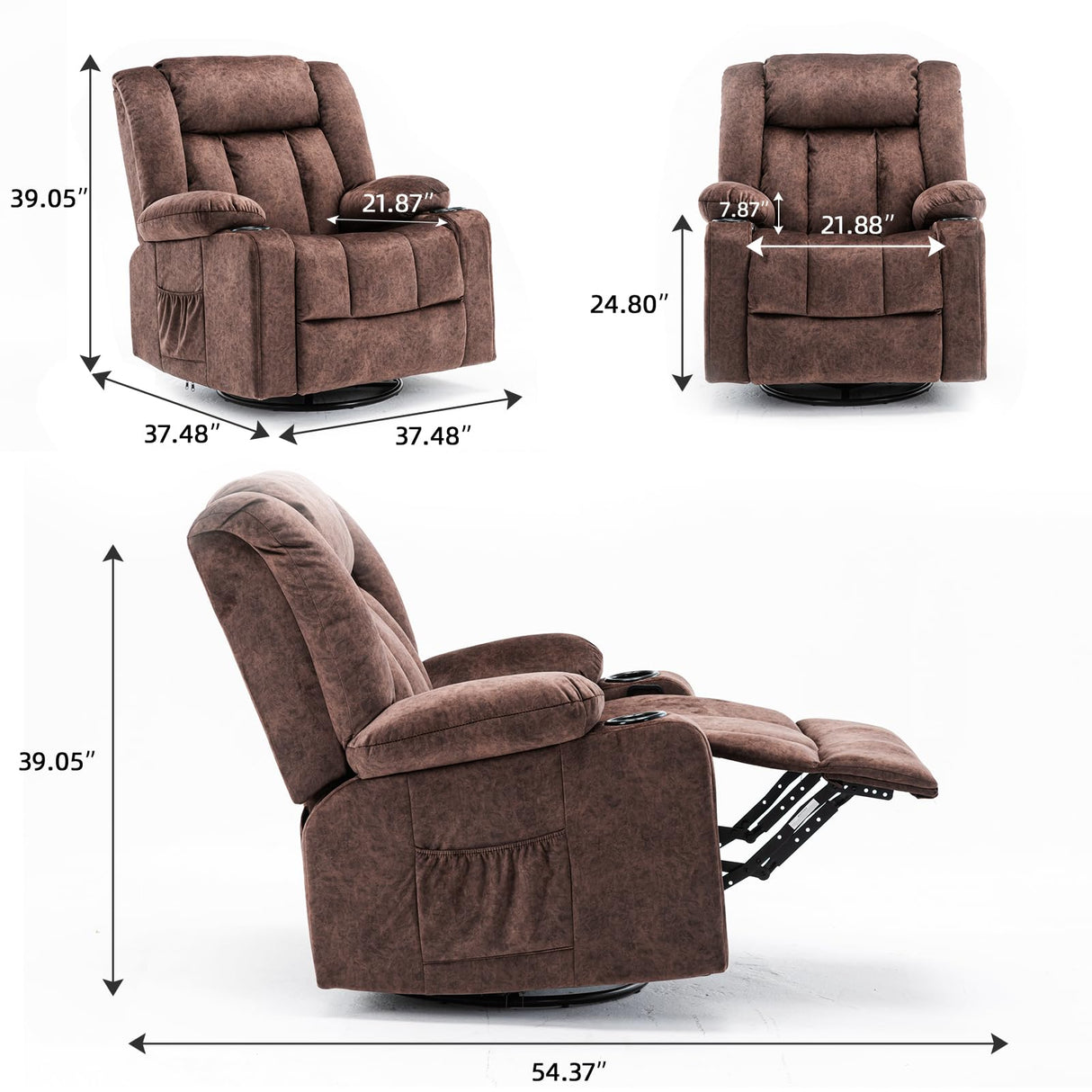 COMHOMA Recliner Chair,360° Swivel Rocker Glider Recliners with Cup Holders, Upholstered Fabric Rocking Chair for Adults,Manual Reclining Single Sofa for Living Room,Brown COMHOMA