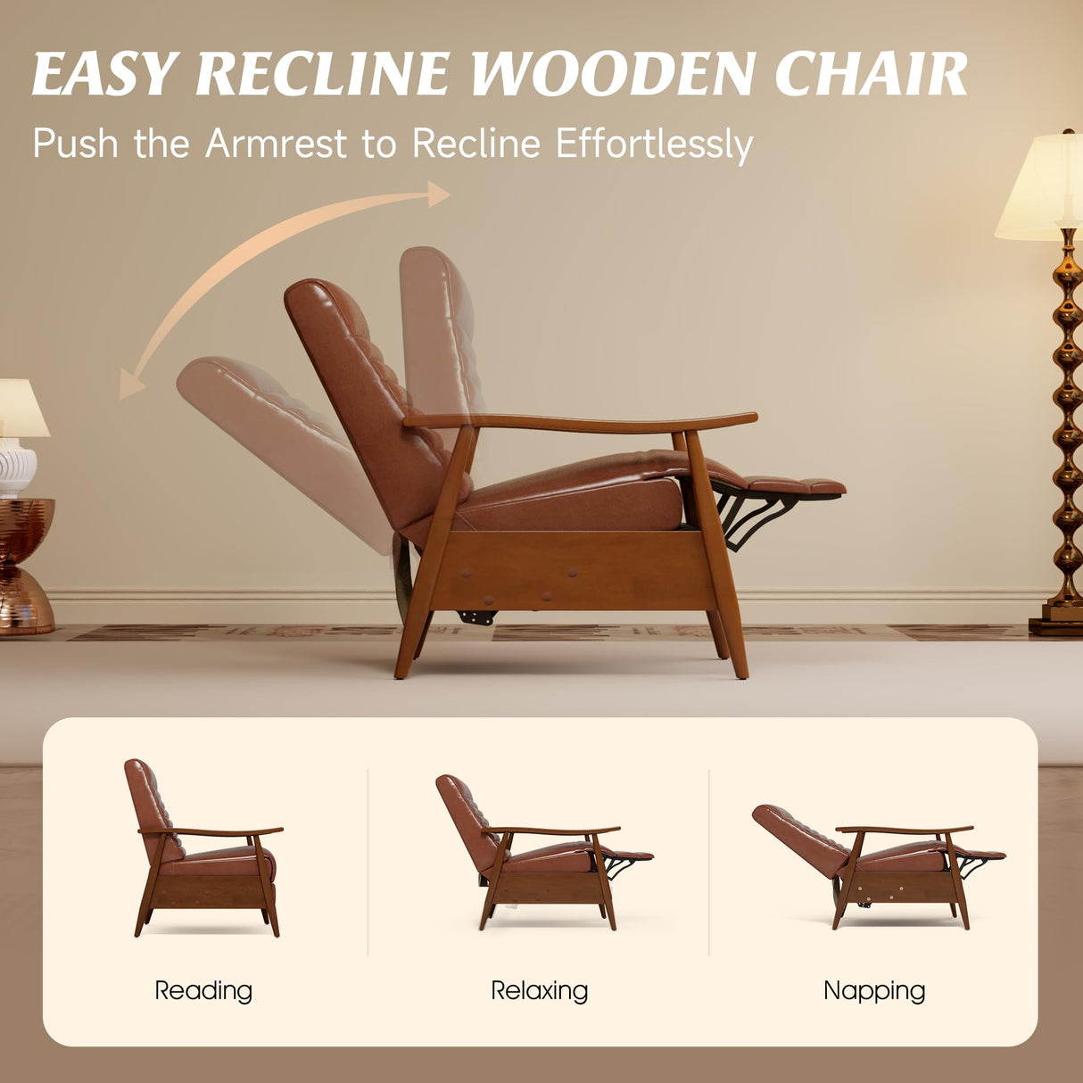 WYPIIITS Leather Recliner Chair, Mid Century Push Back Accent Chair, Comfortable Living Room Chair with Solid Wood Frame, High Back Lounge Chair for Reading and Relaxing (Brown, 1-Pack) WYPIIITS