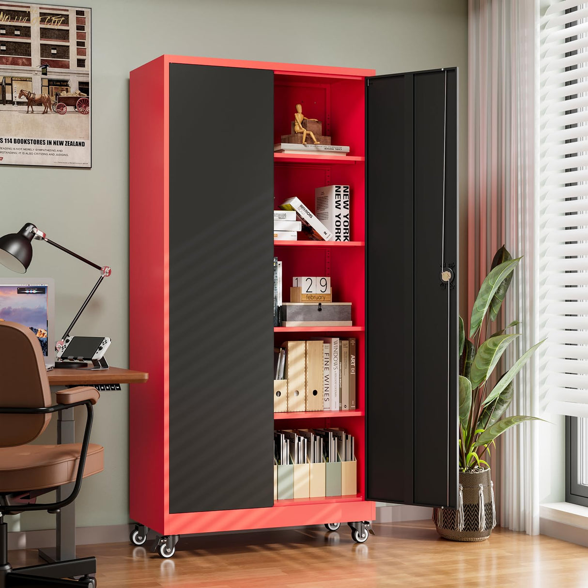 Letaya Metal Garage Storage Cabinets with Lock Door and Adjustable Shelves, Steel Tool Cabinets for Home,Office,Warehouse Organisieren (Black Red, 75" H) Letaya