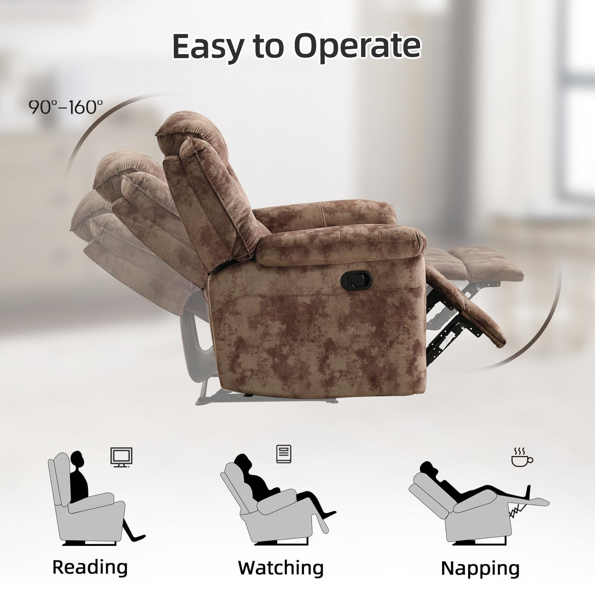 EBELLO Reclining Sofa for Living Room, Extra Wide Modern Overstuffed 3 Seat Recliner Manual Sofa Chair, Breathable Soft Fabric and Padded Seat, Brown EBELLO