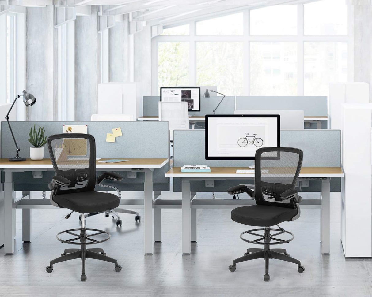 Drafting Chair Tall Office Chair Adjustable Height with Lumbar Support Flip Up Arms Footrest Mid Back Task Mesh Desk Chair Computer Chair Drafting Stool for Standing Desk, Black BestOffice