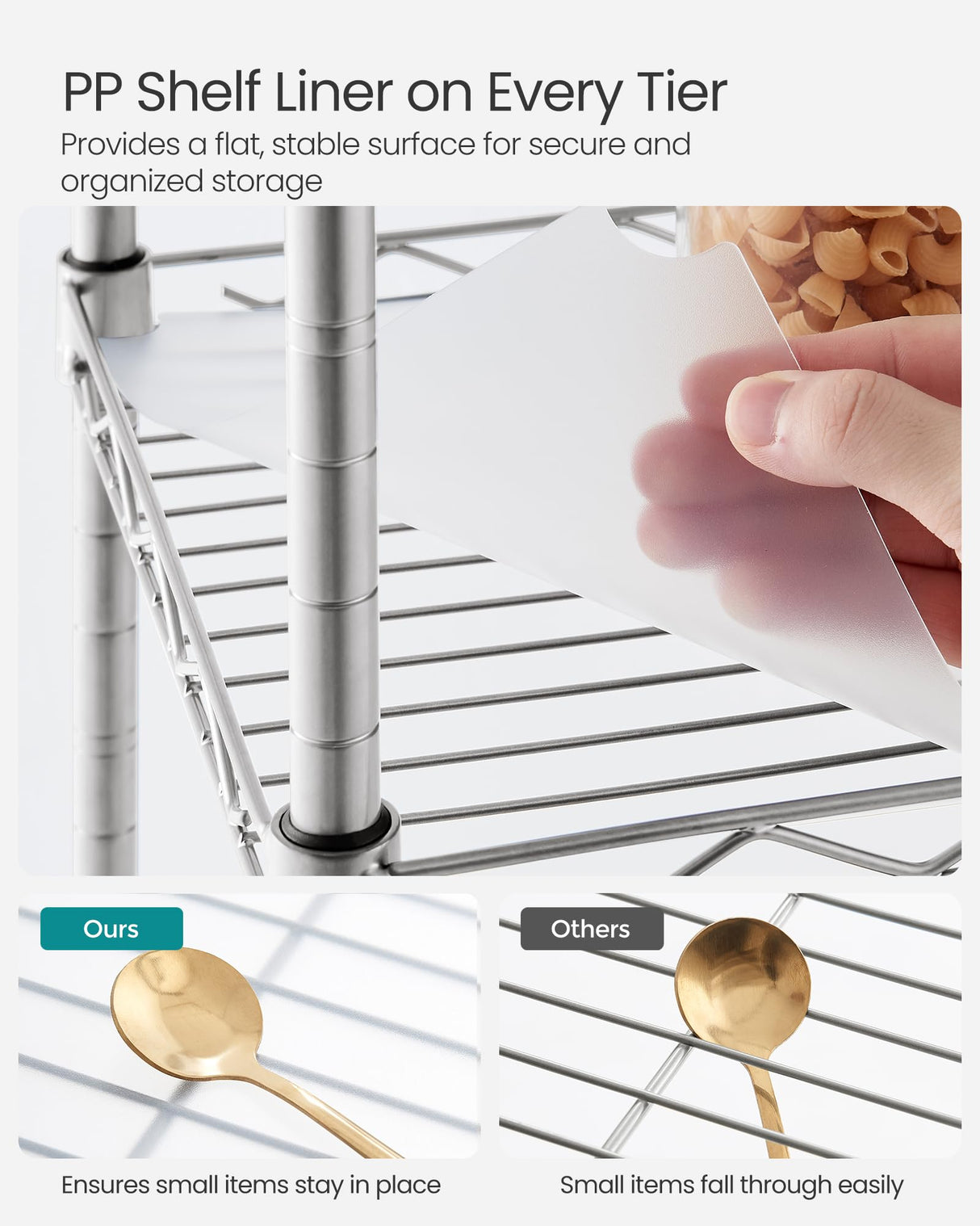 SONGMICS 3-Tier Bathroom Shelf, Storage Rack for Small Space, with 3 PP Shelf Liners, Removable Hook, Extendable Design, Silver and Translucent ULGR103E01 SONGMICS