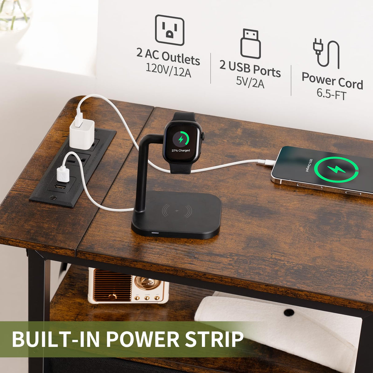 Yoobure End Table with Charging Station, Narrow Side Table with Adjustable Fabric Drawer, 3-Tier End Tables Living Room, Small Nightstand with Outlets, LED Skinny Night Stand for Bedroom Small Spaces Yoobure