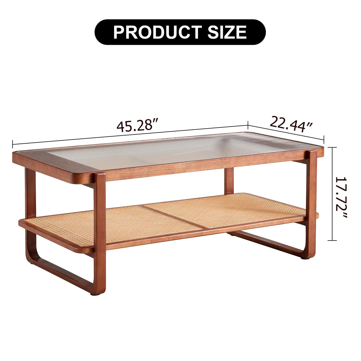 Ganooly Mid Century Modern Coffee Table with Ribbed Glass Top and PE Rattan Storage Shelf, 45 Inch Rectangular Solid Wood Boho Coffe Table, Unique Center Table for Livinig Room Apartment Small Space Ganooly