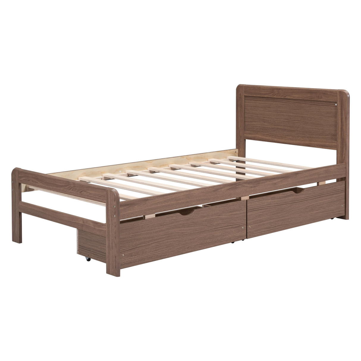 Twin Size Bed Frame with Storage Drawers,Solid Wood Platform Bed with Headboard,Twin Bed Frames for Kids,Teens,Adults,No Spring Needed,Walnut Bellemave