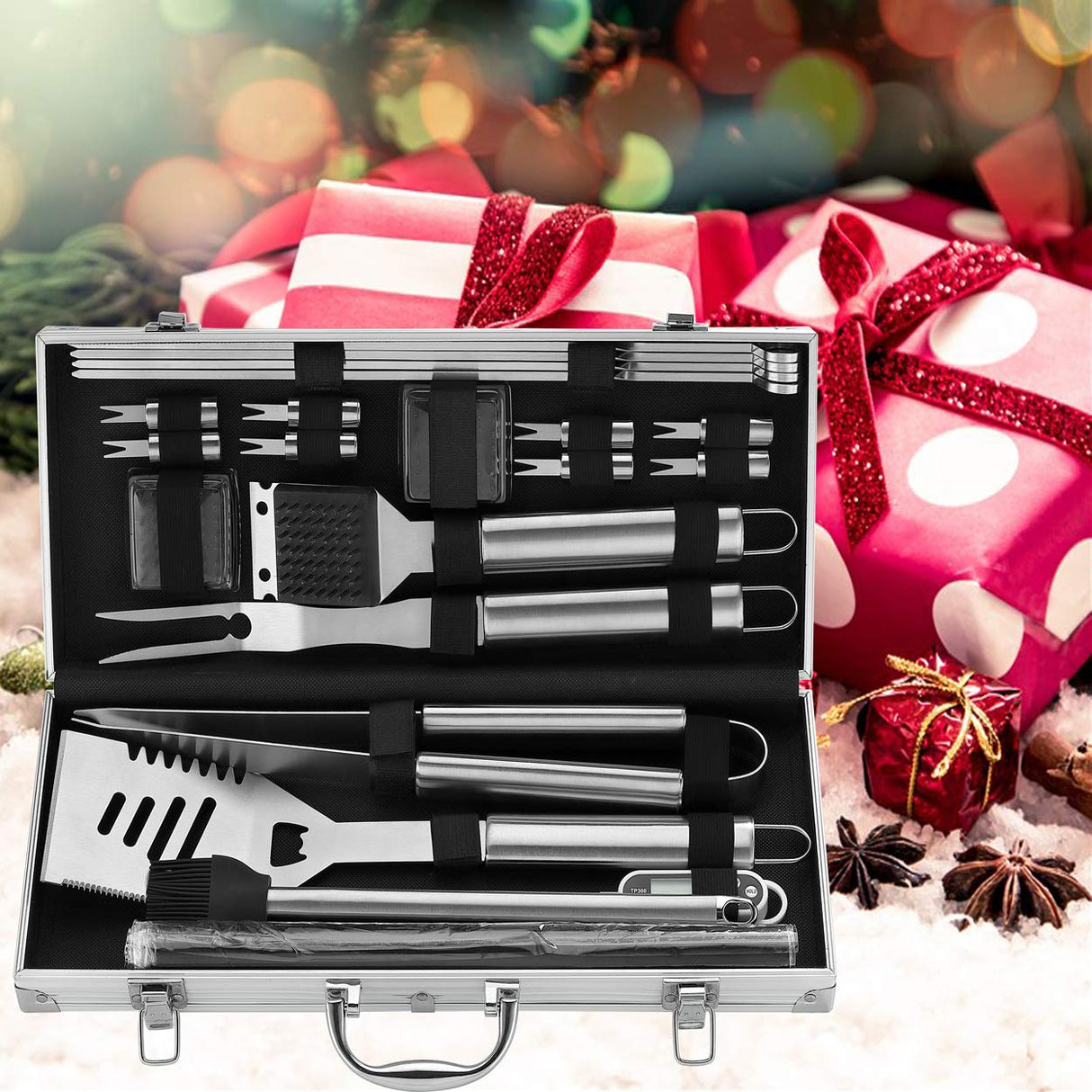 ROMANTICIST 23pc Must-Have BBQ Grill Accessories Set with Thermometer in Case - Stainless Steel Barbecue Tool Set with 2 Grill Mats for Backyard Outdoor Camping - Father's Day Best Barbecue Gift ROMANTICIST