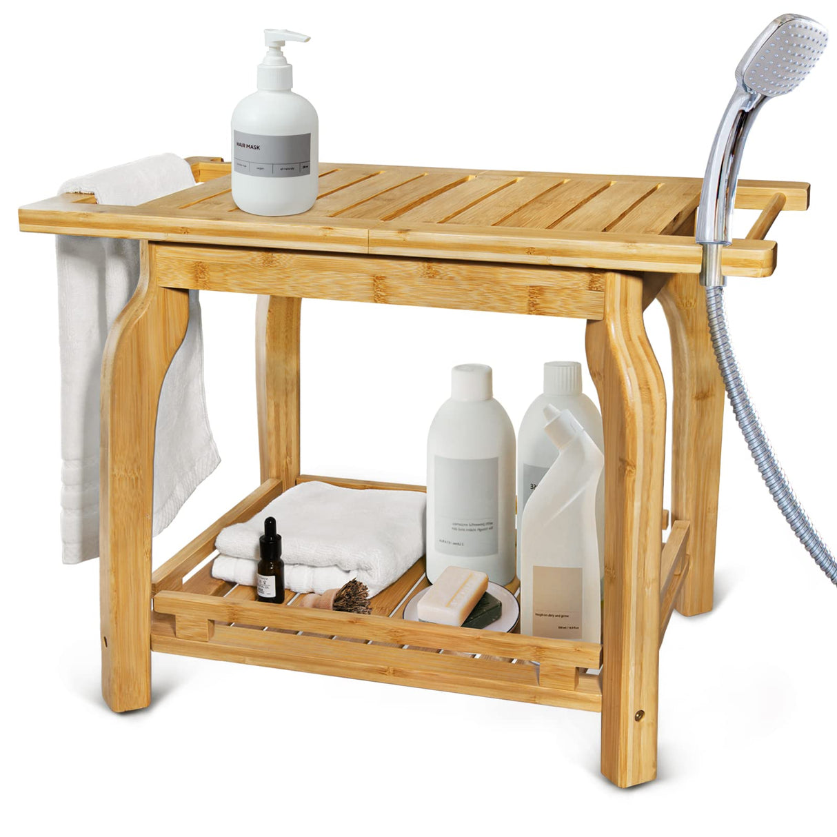 2-Tier Bamboo Shower Bench for Inside Shower Shaving Legs, 25 Inch Waterproof Bathroom Bench Shower Stool with Storage Shelf, Safe & Stable for Seniors Adults Disabled Women KingPavonini