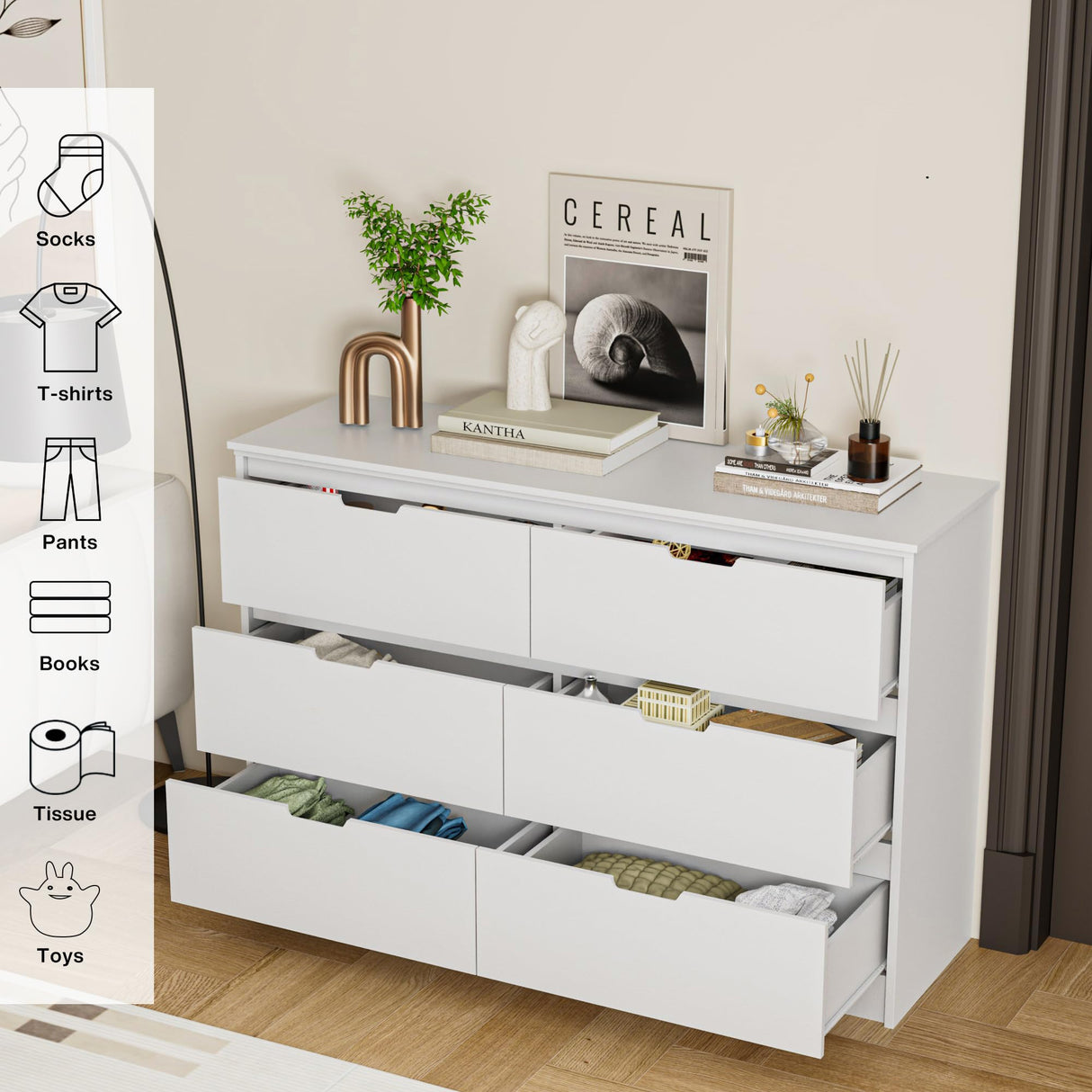 6 Drawers White Dresser for Bedroom, Wood Large Double Dresser with Hidden Handles, Modern Chests of Deep Drawer Storage Organizer for Hallway, Entryway Tradare