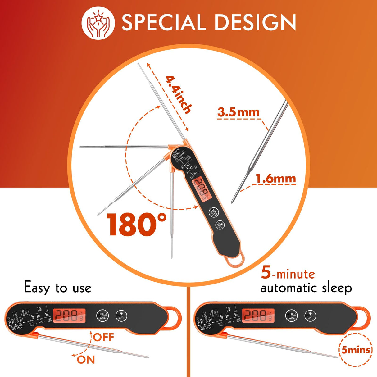 CaloriMastery Meat Thermometer Digital with Backlight, Calibration & Hold Function, IP65 Waterproof Food Thermometer for Cooking, Outdoor Grilling, Candy Making CaloriMastery