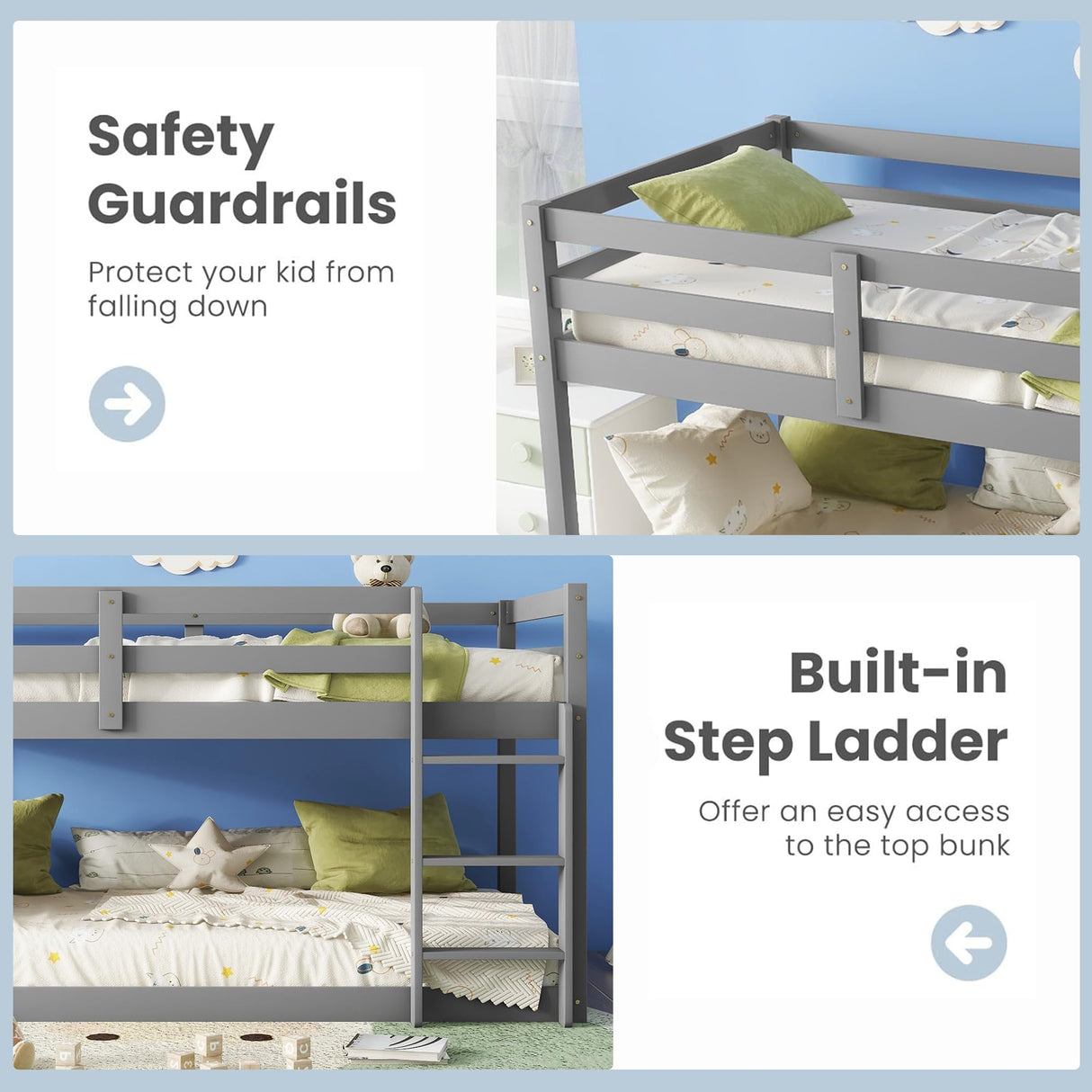 Mirightone Bunk Bed Twin Over Twin, Floor Bunk Bed with Ladder, Solid Wood Low Twin Bunk Beds for Kids Teens, Ideal for Multiple-Child Family, Apartment, Dormitory, No Box Spring Needed,Grey Mirightone