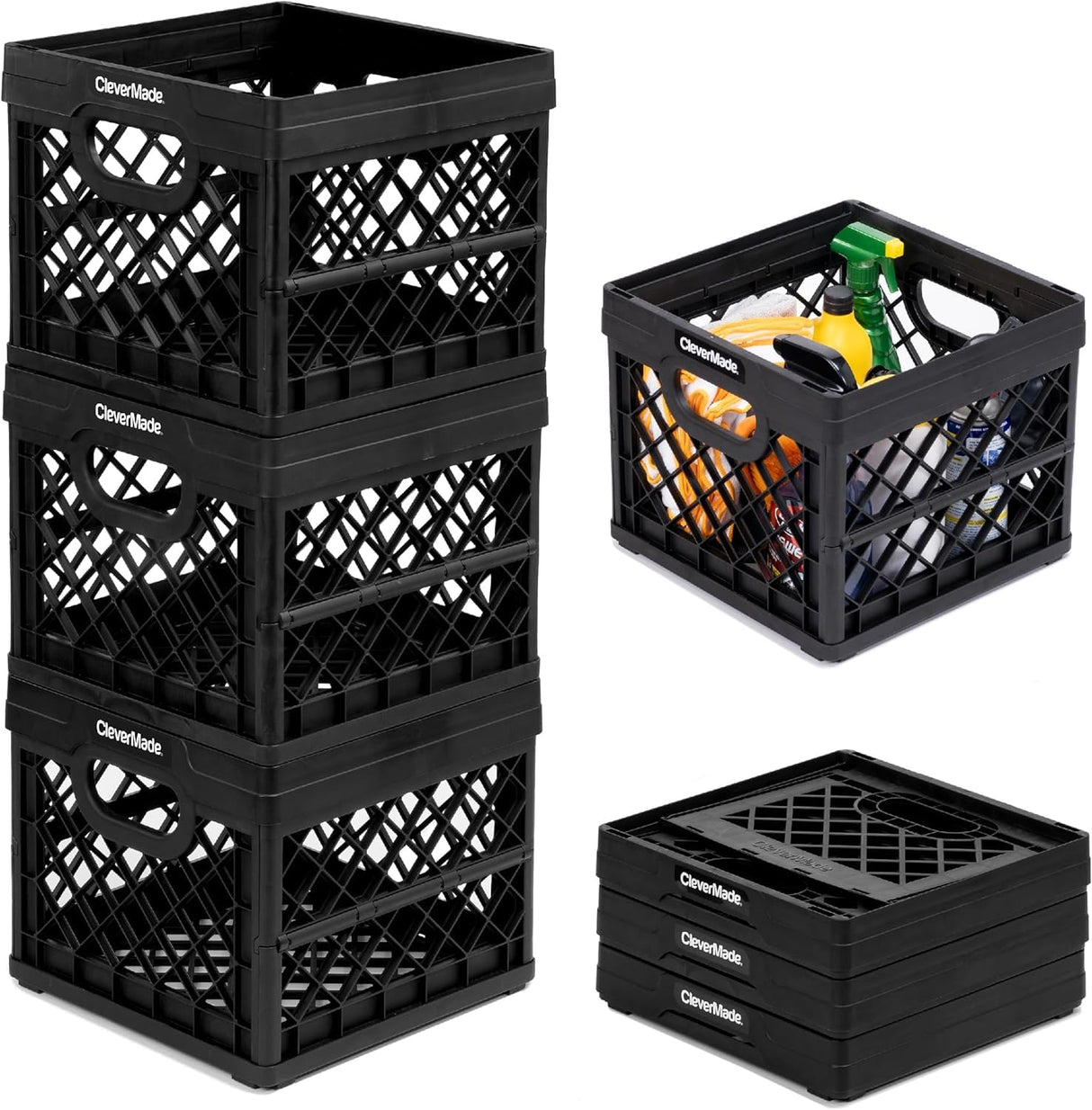CleverMade Collapsible Milk Crate, Obsidian, 1PK - 25L (6 Gal) Stackable Storage Bins, Holds 50lbs Per Bin - Clevercrates are Heavy Duty, Plastic Collapsible Storage Crate for Multi Purposes CleverMade